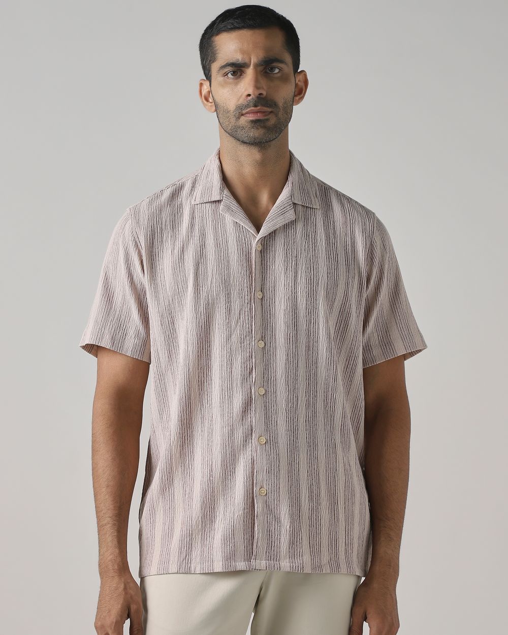 Pastel Pink Crinkle Stripe Stretch Relaxed Fit Casual Shirt