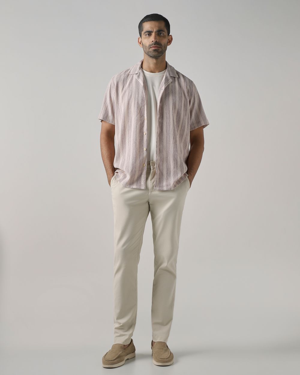 Pastel Pink Crinkle Stripe Stretch Relaxed Fit Casual Shirt