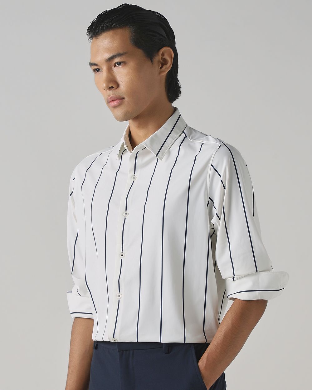 White Scuba Stretch Stripe Slim Fit Casual Shirt