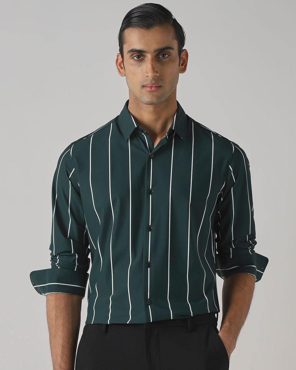 Dark Green Scuba Stretch Stripe Slim Fit Casual Shirt