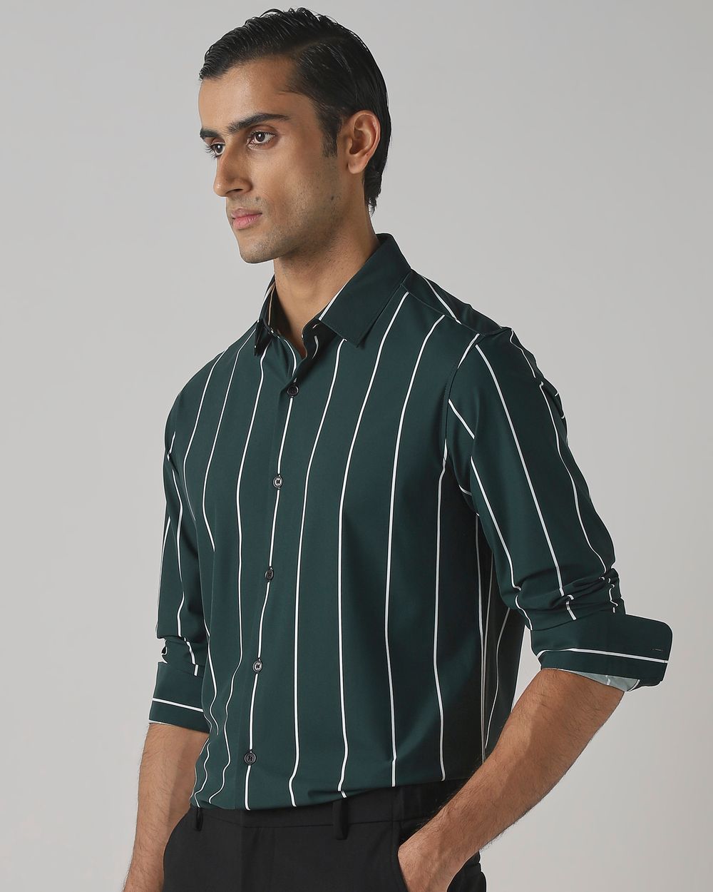 Dark Green Scuba Stretch Stripe Slim Fit Casual Shirt