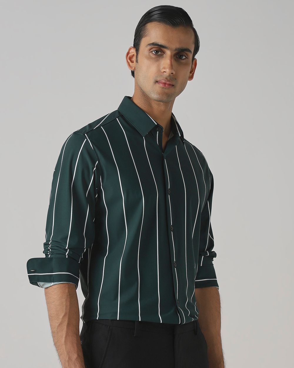 Dark Green Scuba Stretch Stripe Slim Fit Casual Shirt
