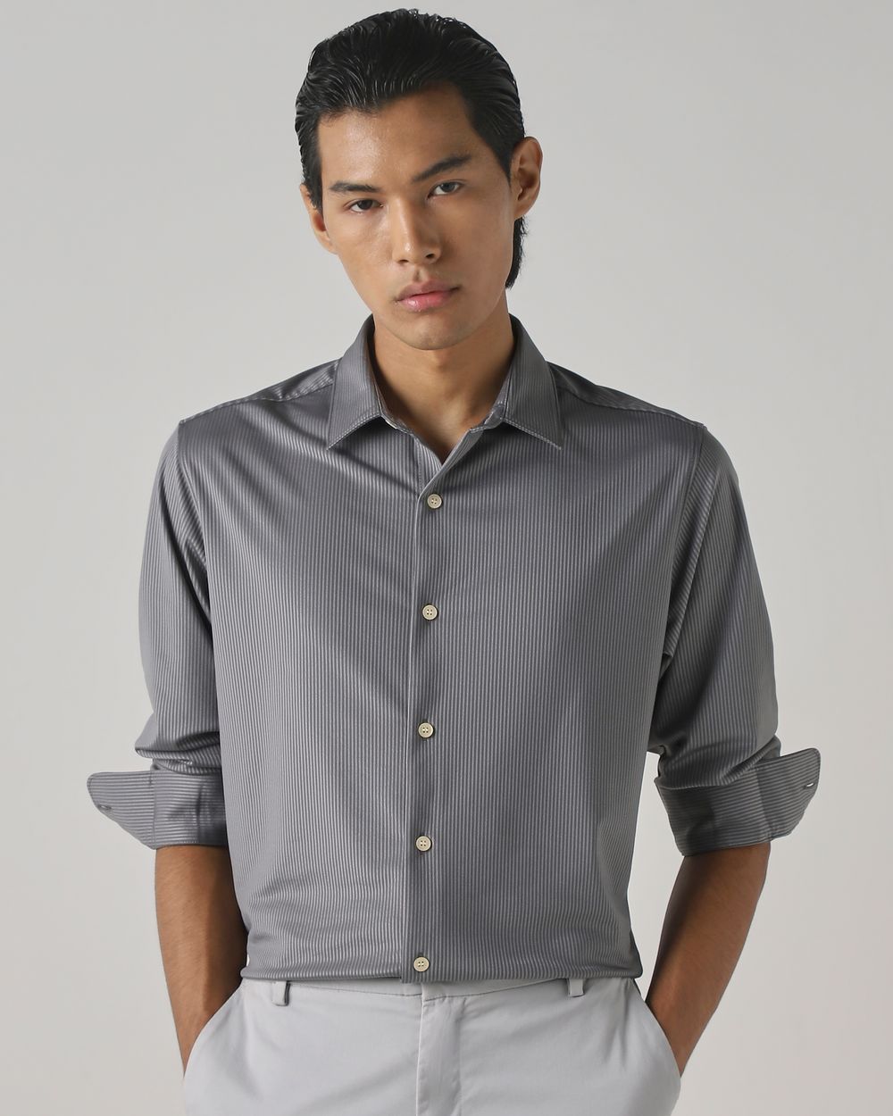 Grey Knitted Stripe Stretch Slim Fit Casual Shirt