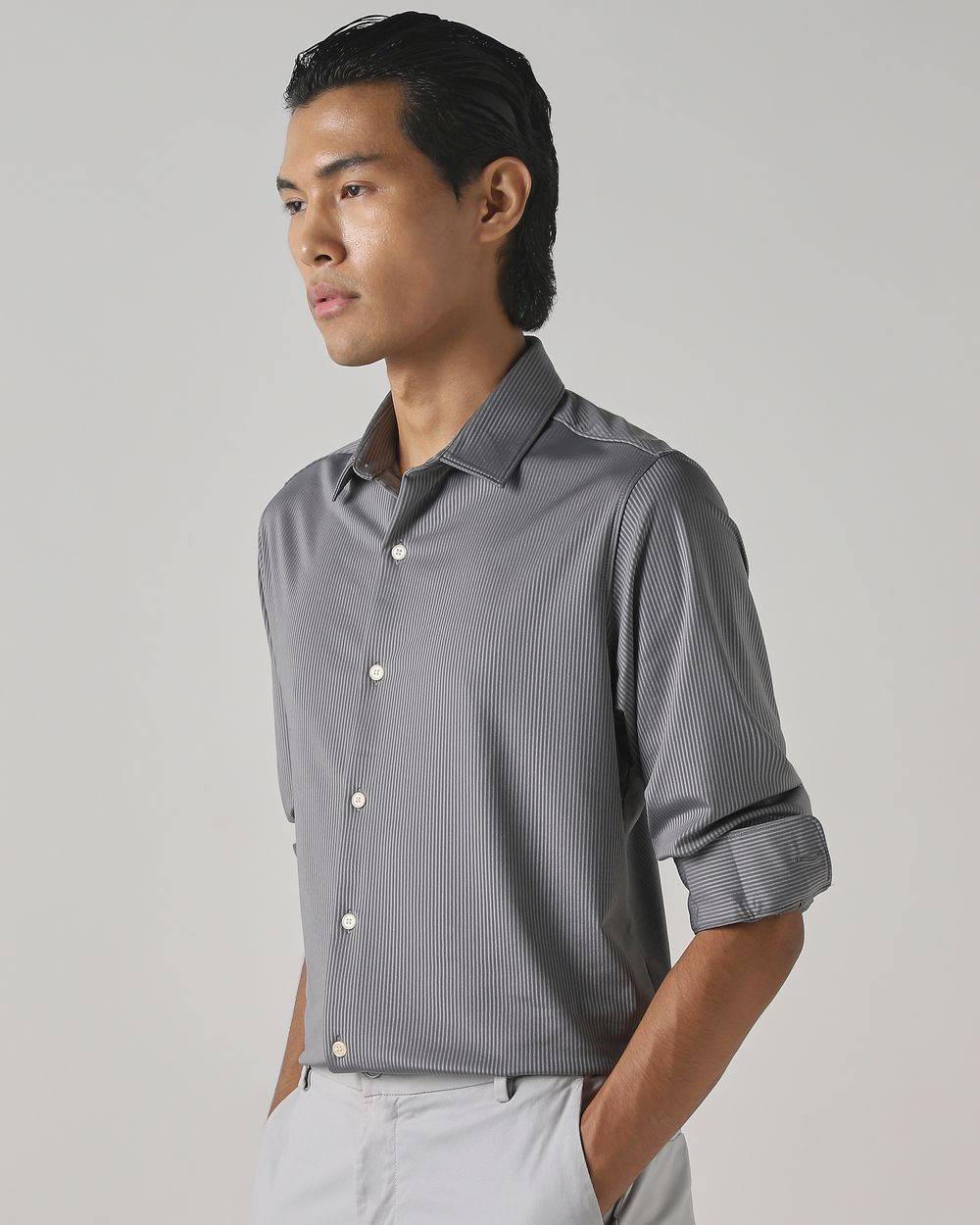Grey Knitted Stripe Stretch Slim Fit Casual Shirt