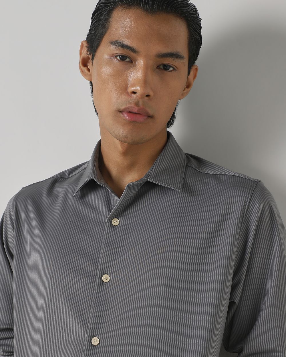 Grey Knitted Stripe Stretch Slim Fit Casual Shirt
