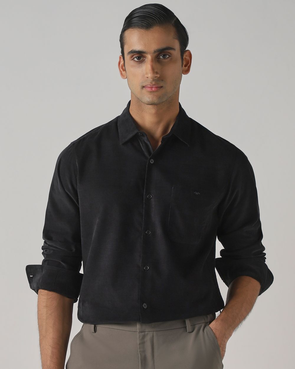 Black Corduroy Plain Slim Fit Casual Shirt