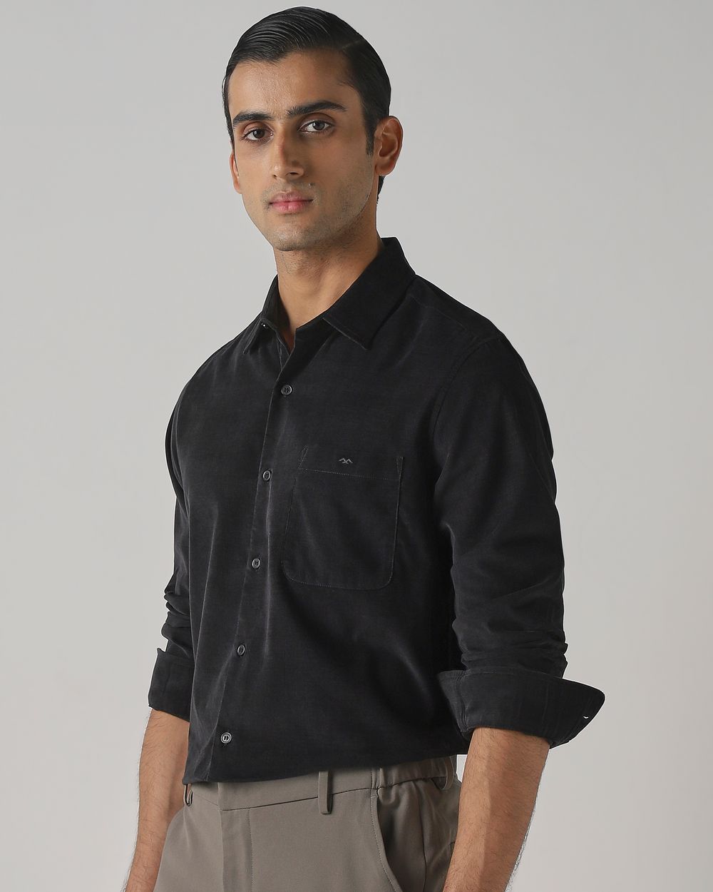 Black Corduroy Plain Slim Fit Casual Shirt
