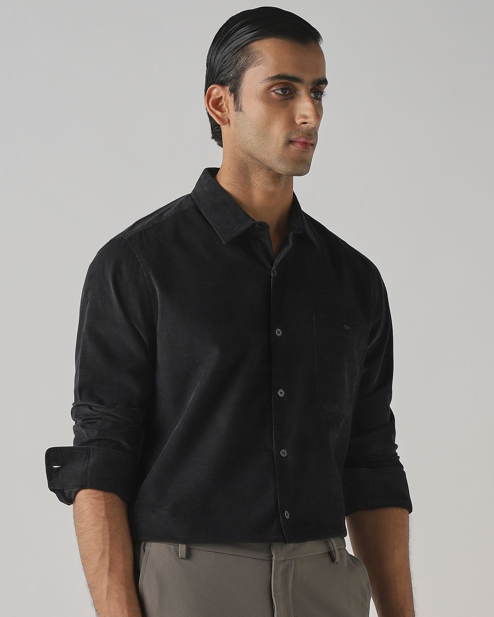 Black Corduroy Plain Slim Fit Casual Shirt