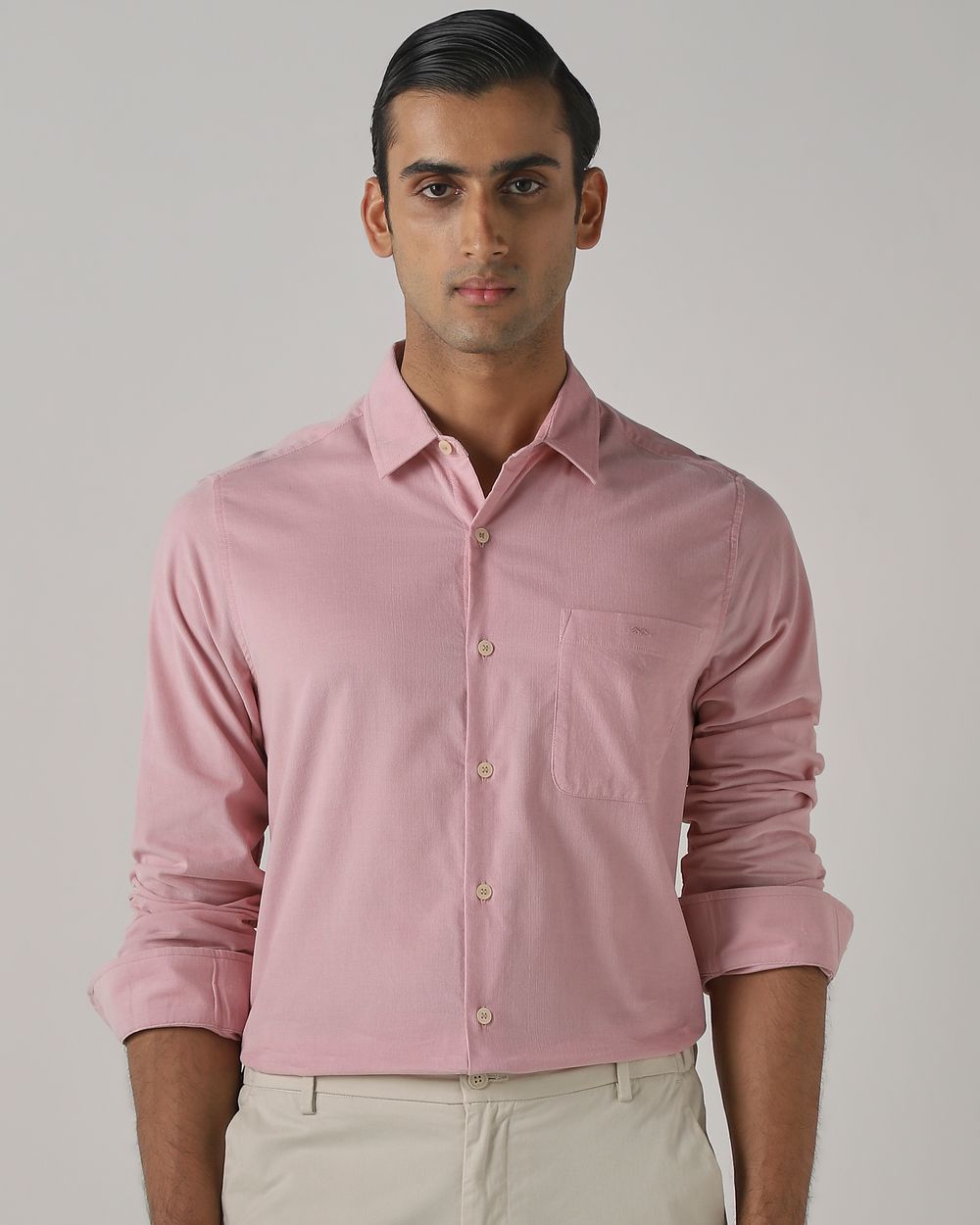 Pink Corduroy Plain Slim Fit Casual Shirt