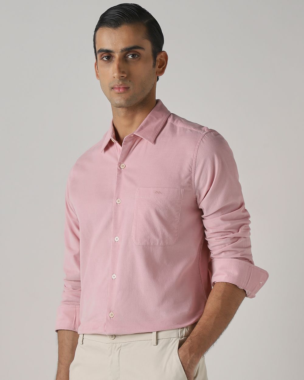 Pink Corduroy Plain Slim Fit Casual Shirt