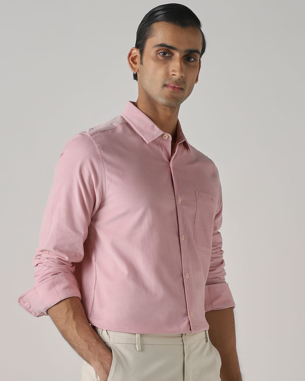 Pink Corduroy Plain Slim Fit Casual Shirt