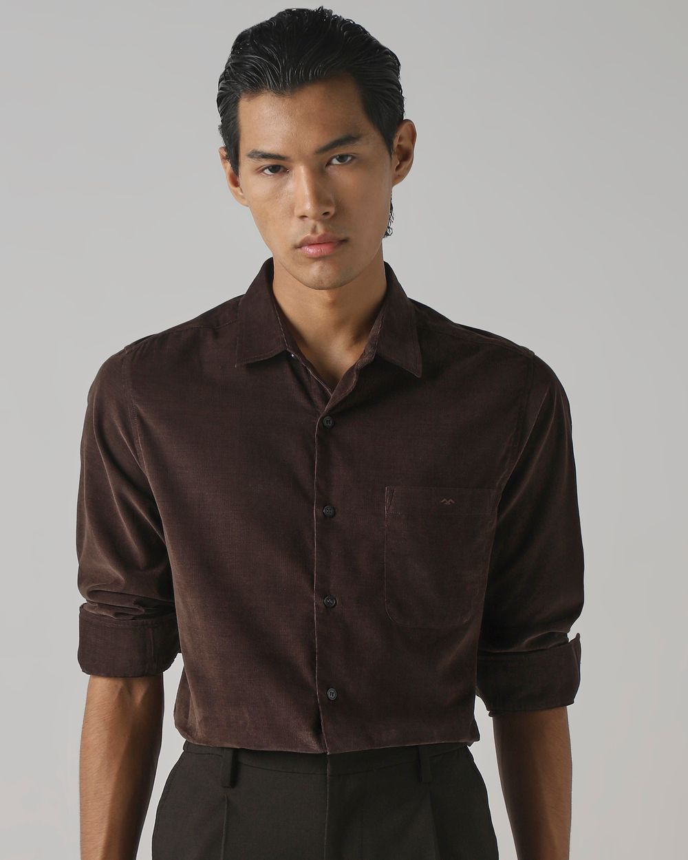 Brown Corduroy Plain Slim Fit Casual Shirt