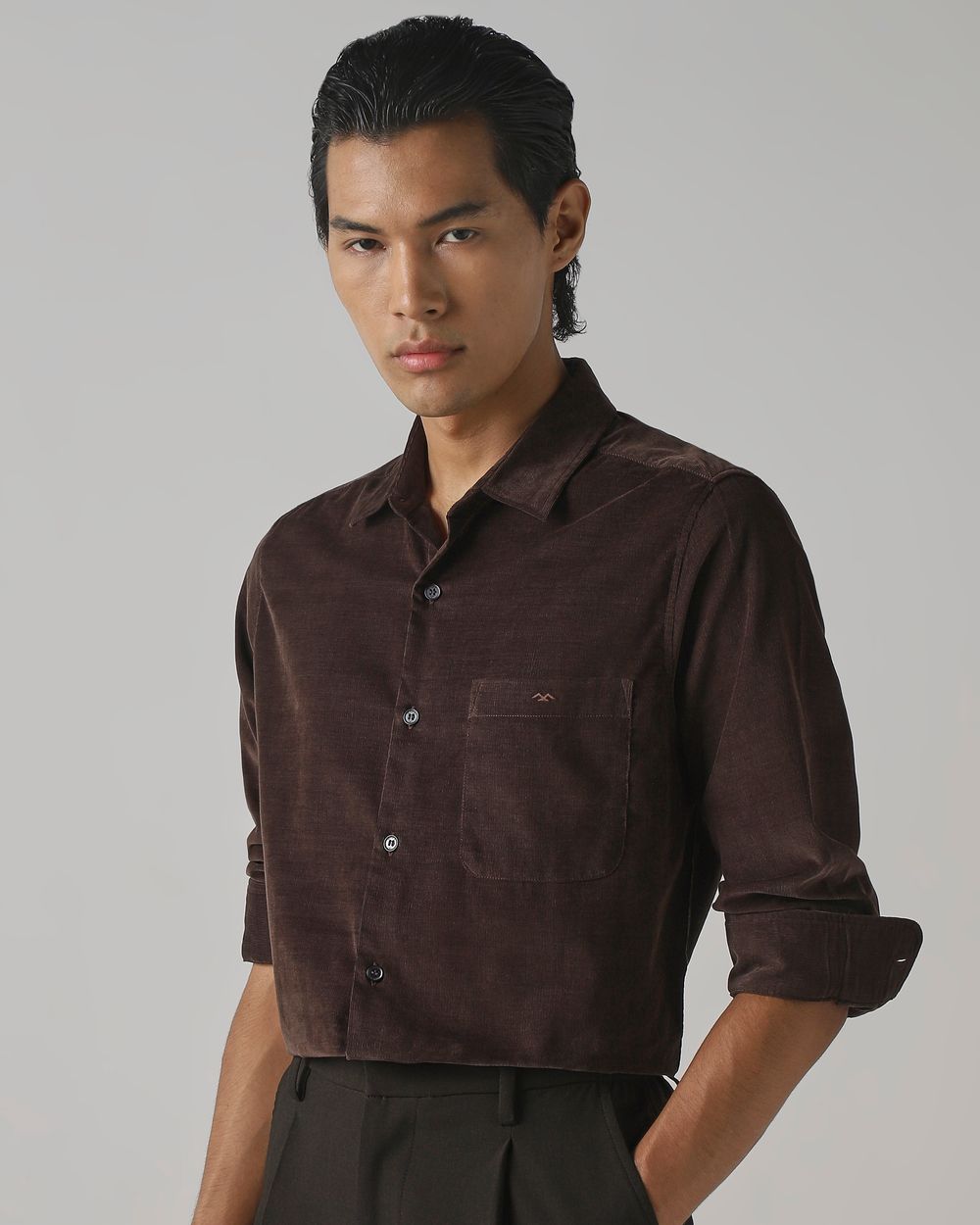 Brown Corduroy Plain Slim Fit Casual Shirt