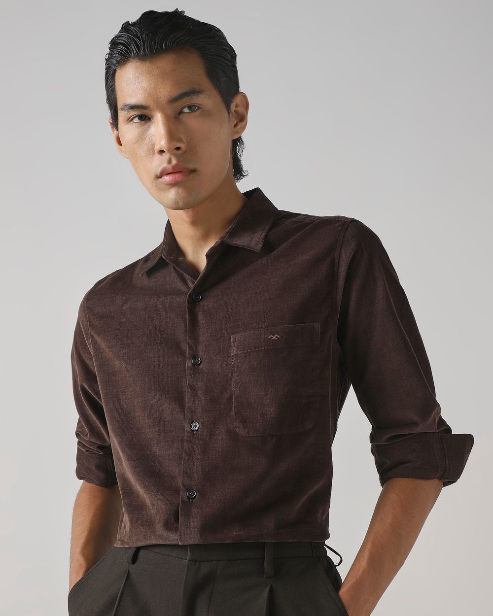 Brown Corduroy Plain Slim Fit Casual Shirt