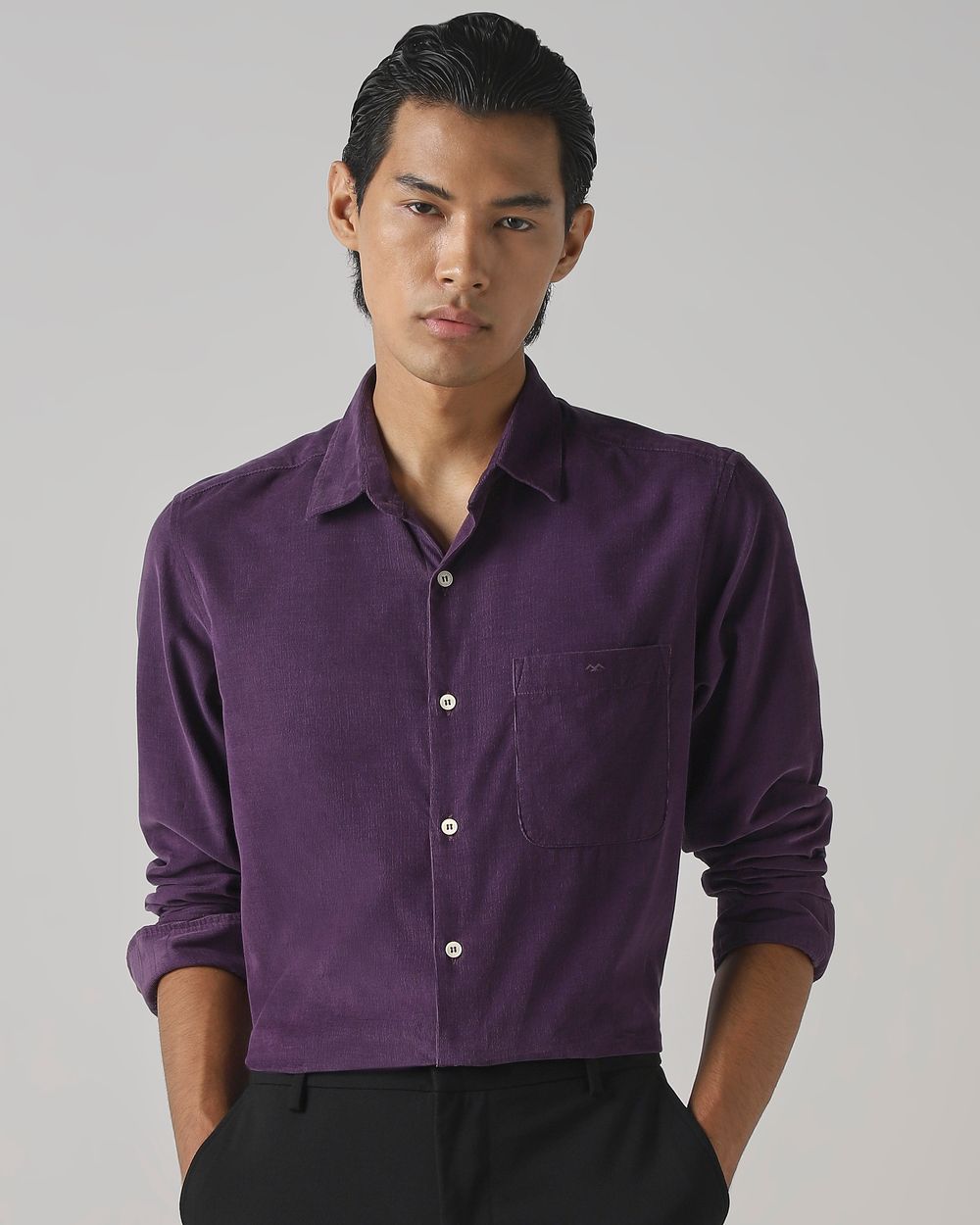Purple Corduroy Plain Slim Fit Casual Shirt
