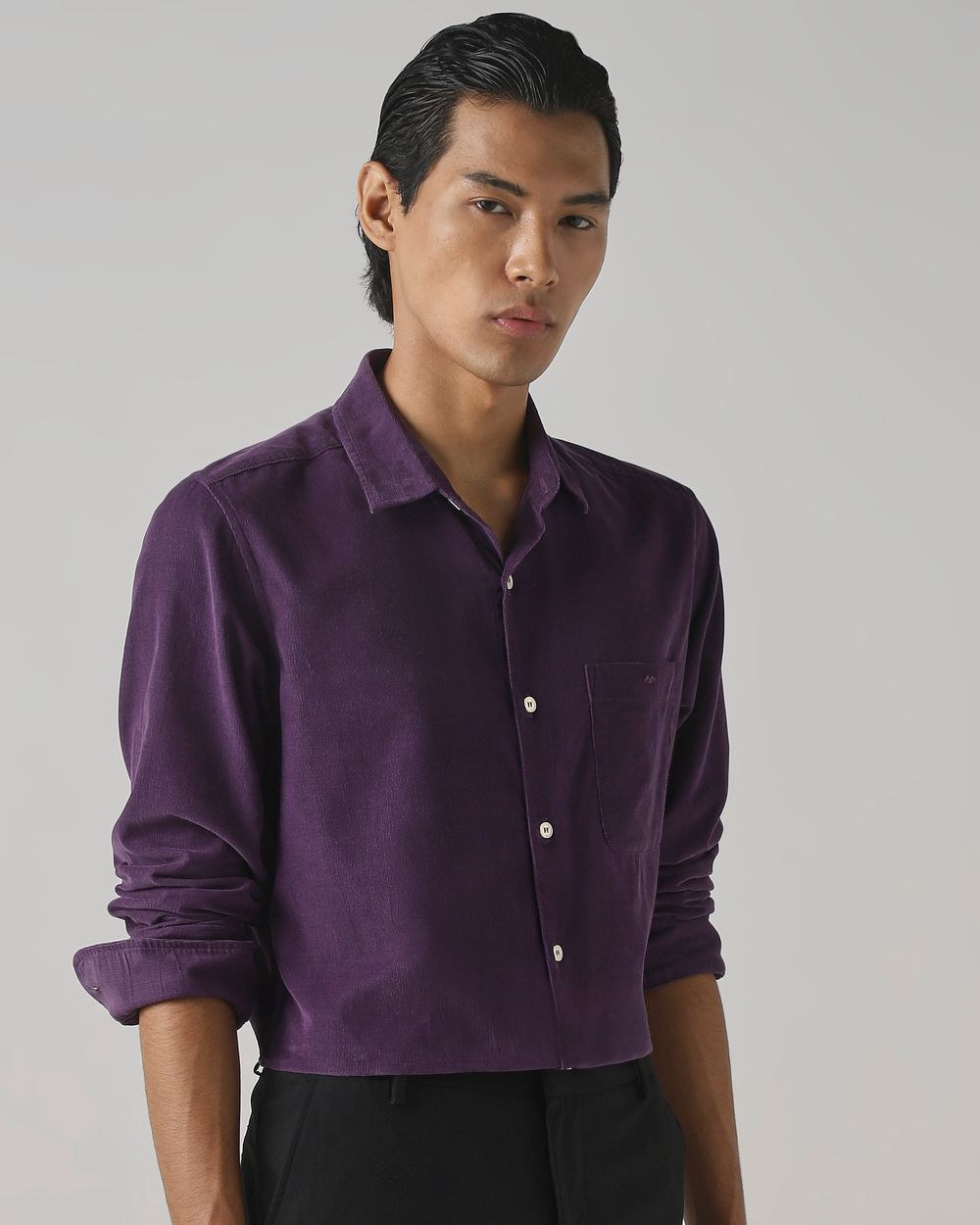 Purple Corduroy Plain Slim Fit Casual Shirt