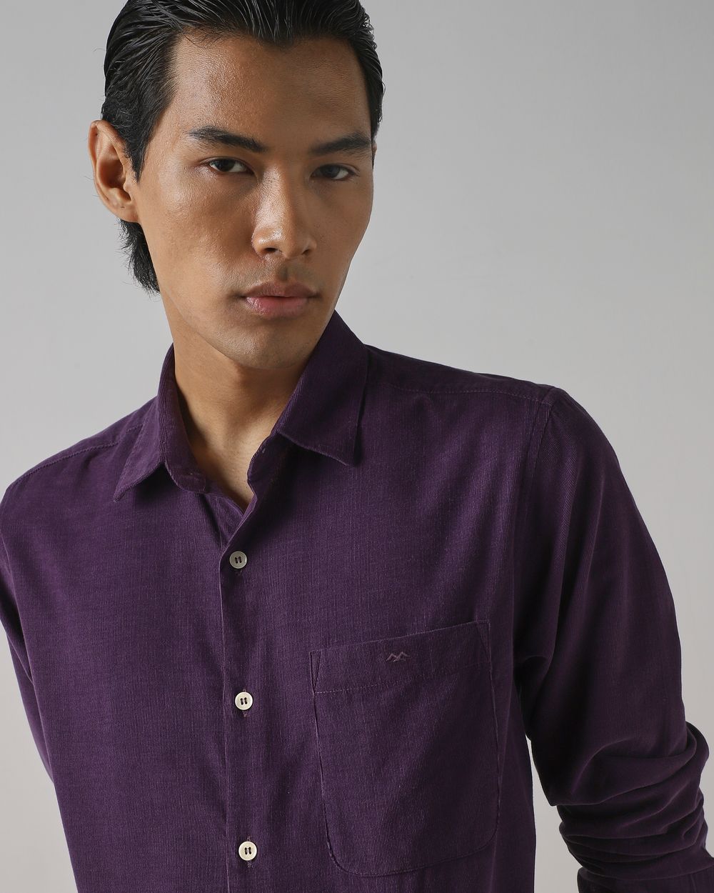 Purple Corduroy Plain Slim Fit Casual Shirt