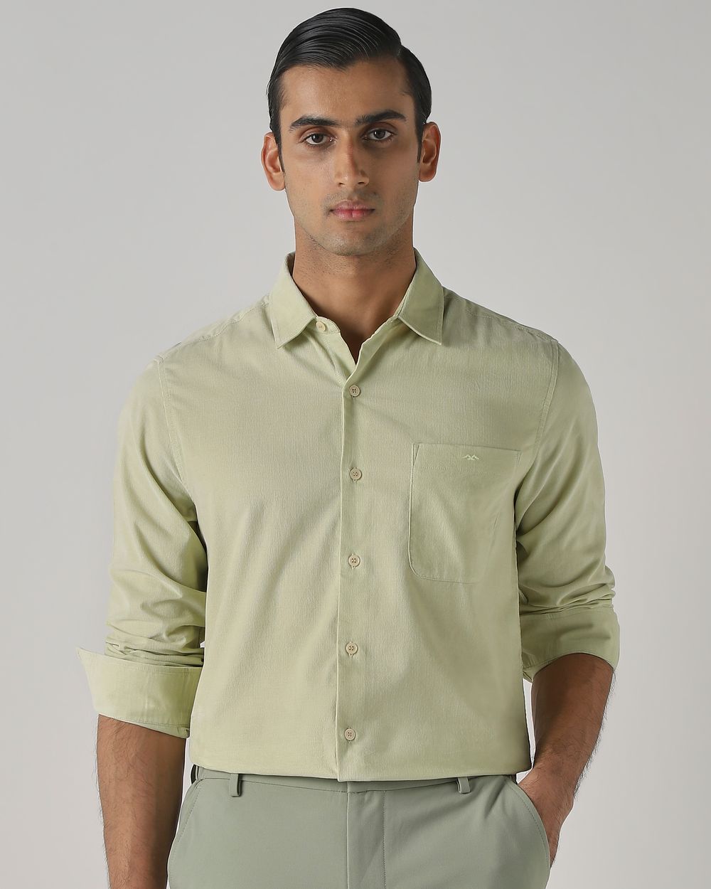 Light Green Corduroy Plain Slim Fit Casual Shirt