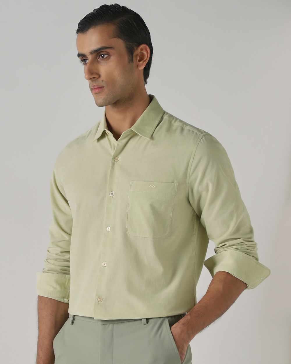 Light Green Corduroy Plain Slim Fit Casual Shirt