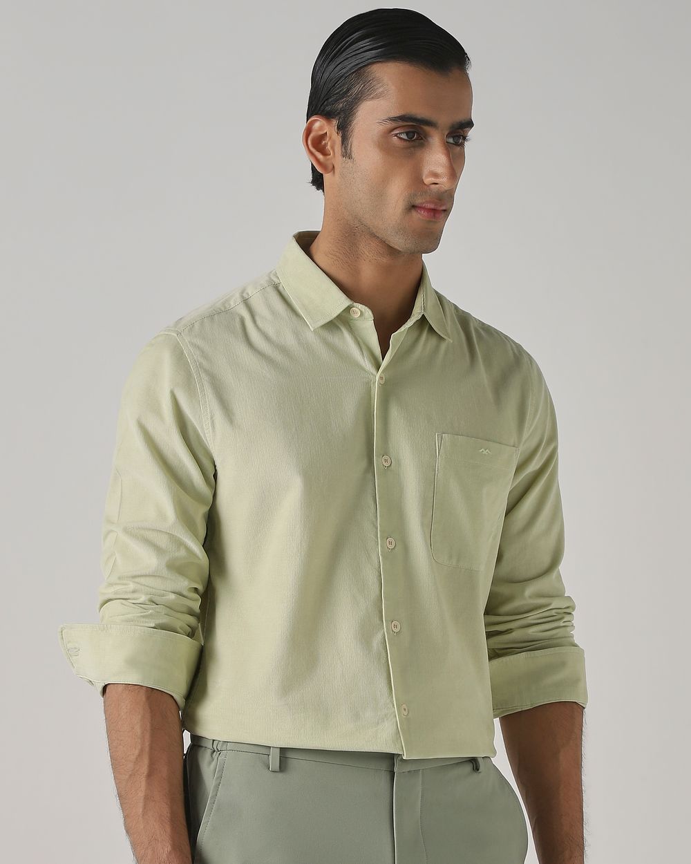 Light Green Corduroy Plain Slim Fit Casual Shirt