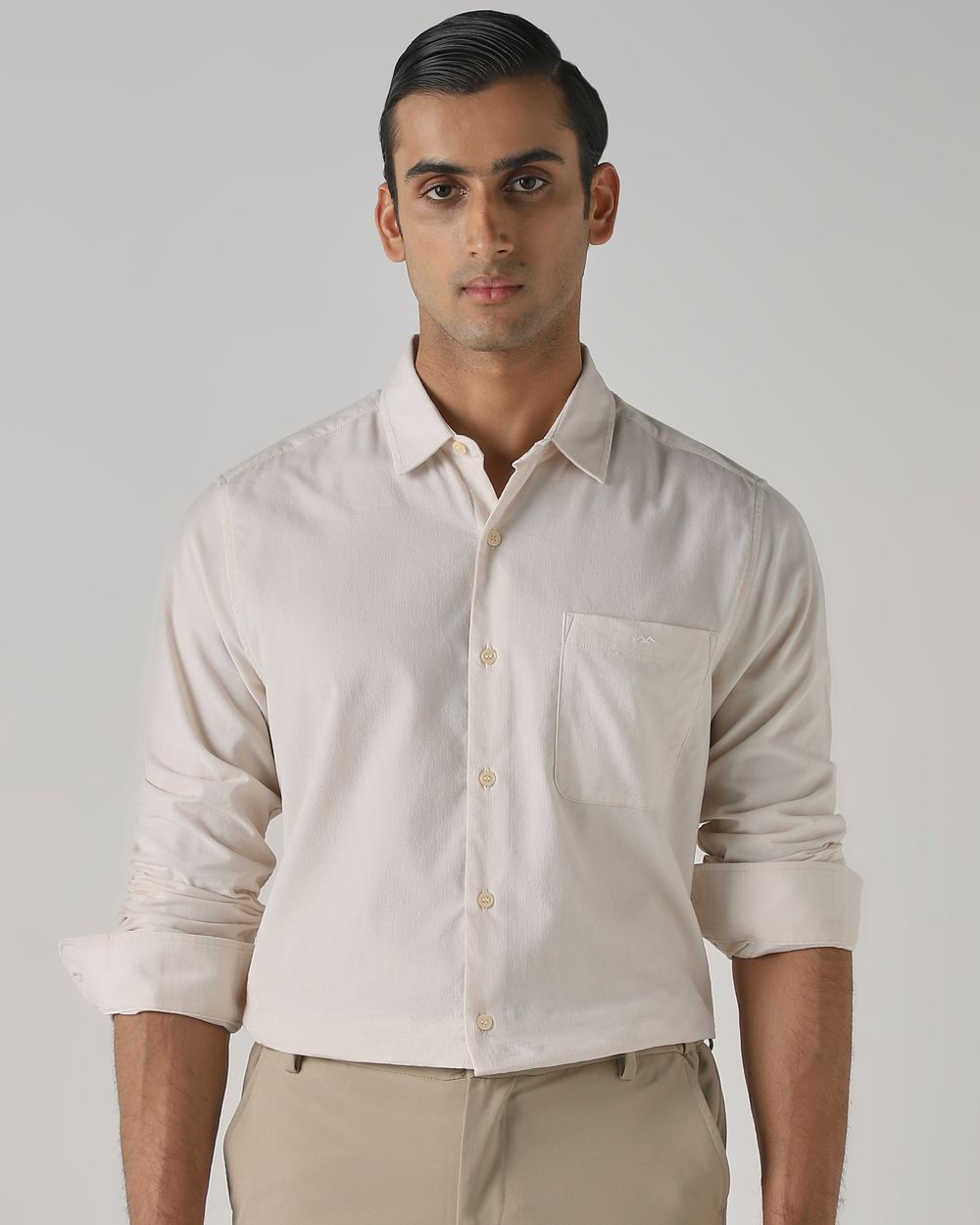 Off White Corduroy Plain Slim Fit Casual Shirt