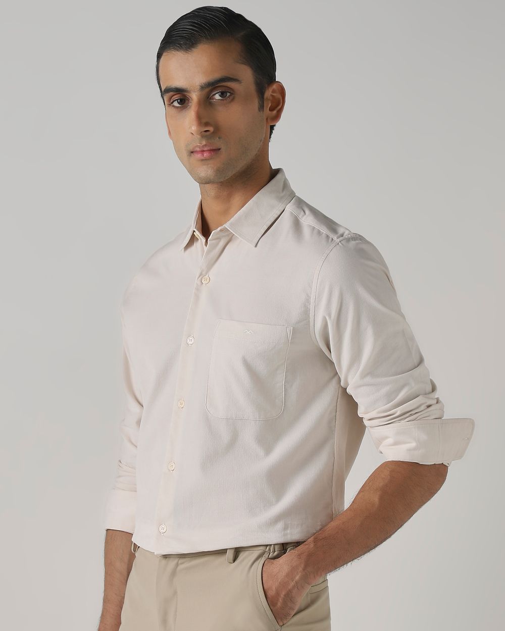 Off White Corduroy Plain Slim Fit Casual Shirt