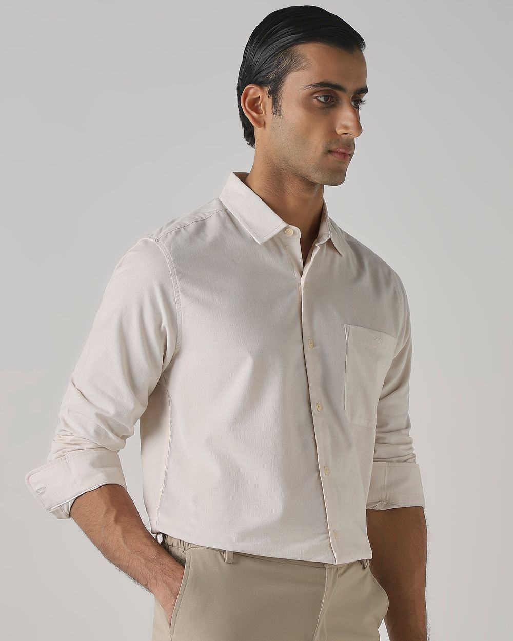 Off White Corduroy Plain Slim Fit Casual Shirt