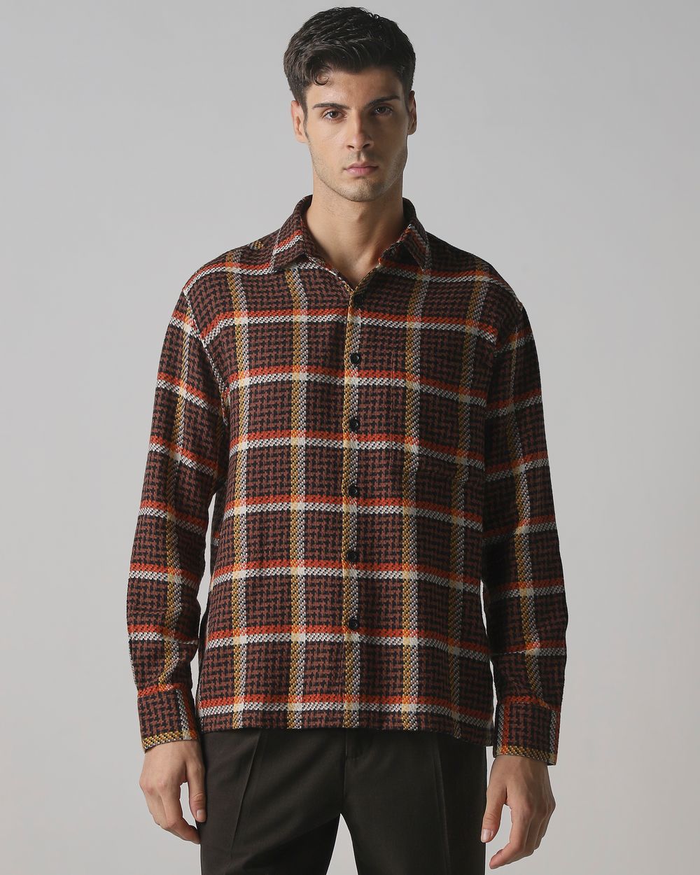 Brown Large Check Slim Fit Casual Shirt