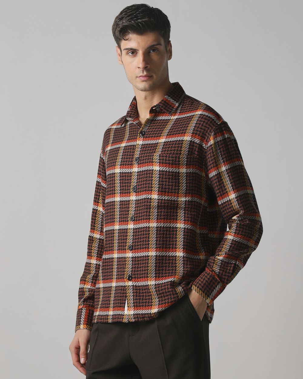 Brown Large Check Slim Fit Casual Shirt