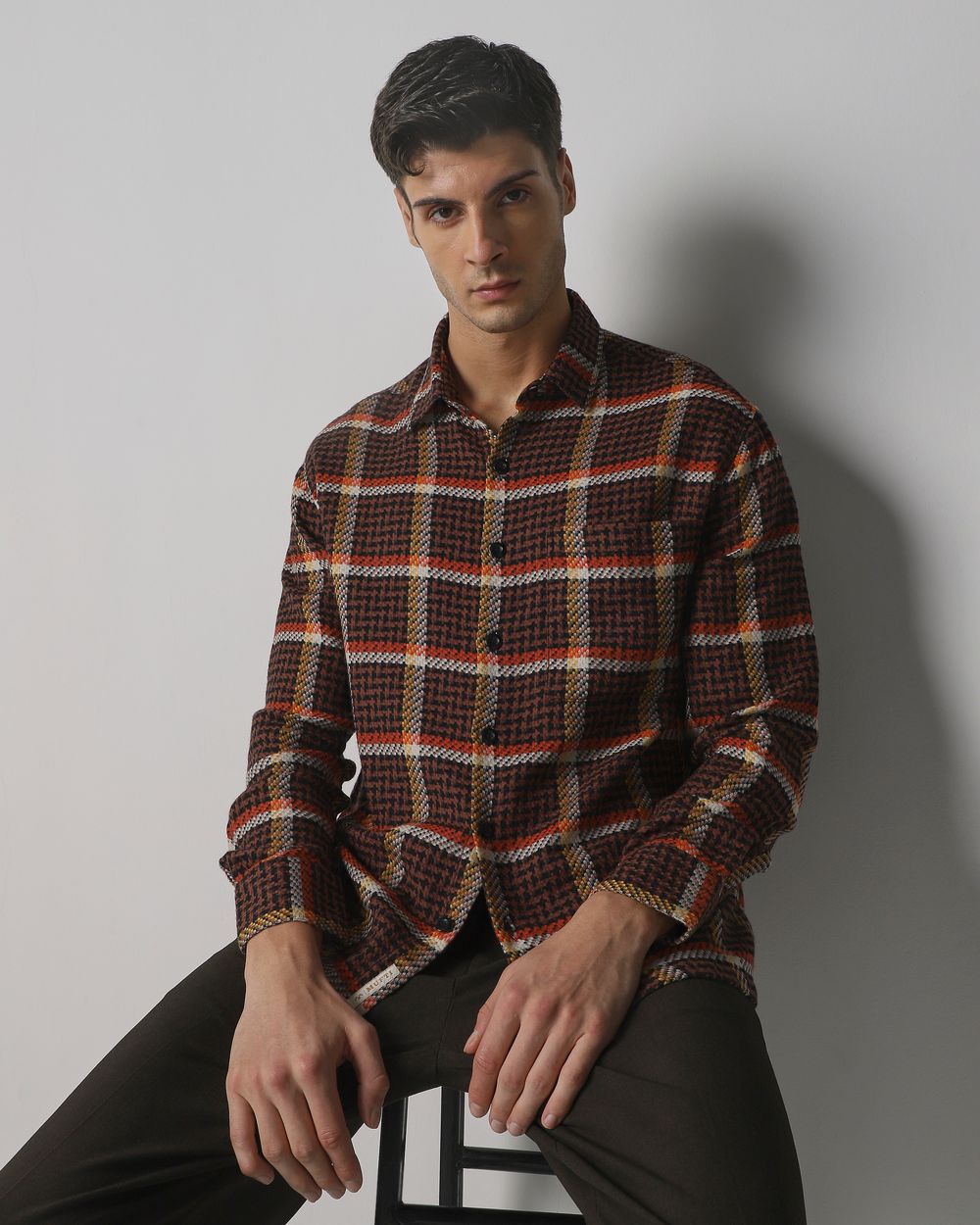 Brown Large Check Slim Fit Casual Shirt