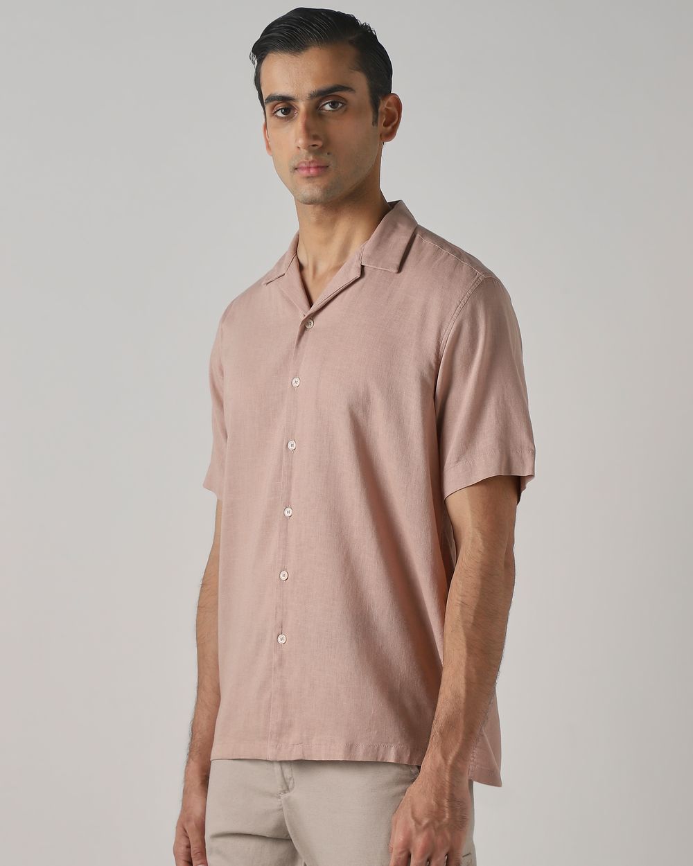 Pastel Pink Lyocell Linen Plain Relaxed Fit Casual Shirt