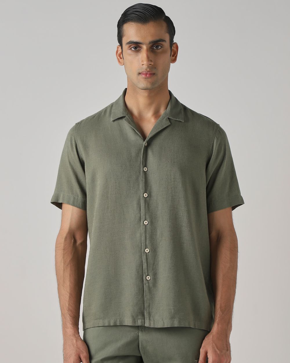 Light Olive Lyocell Linen Plain Relaxed Fit Casual Shirt