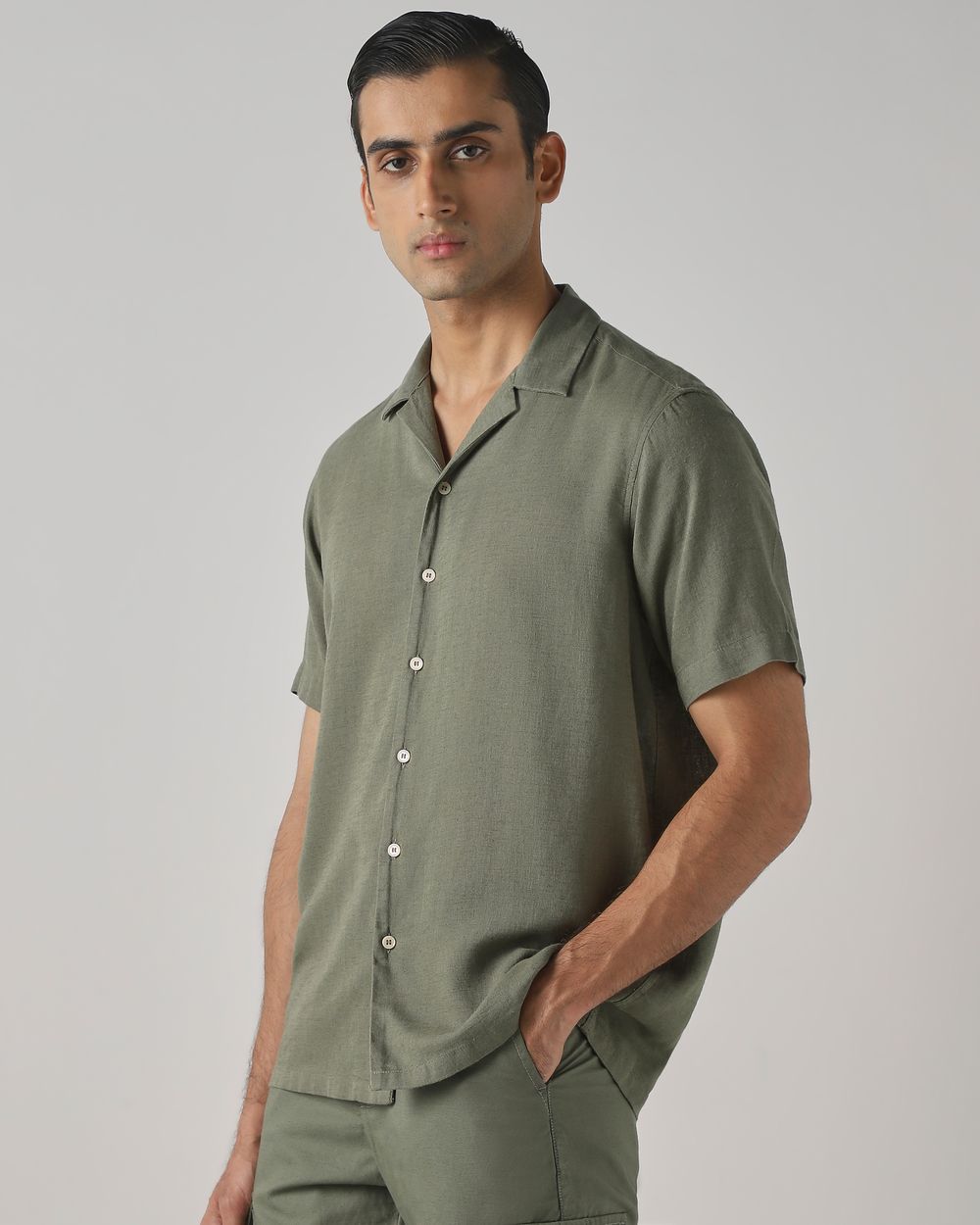 Light Olive Lyocell Linen Plain Relaxed Fit Casual Shirt