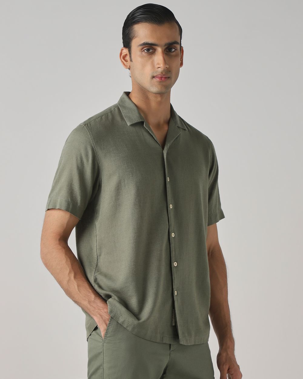 Light Olive Lyocell Linen Plain Relaxed Fit Casual Shirt