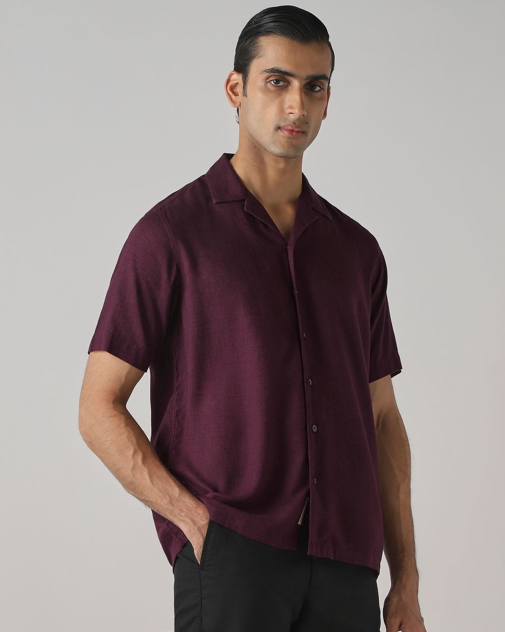 Maroon Lyocell Linen Plain Relaxed Fit Casual Shirt