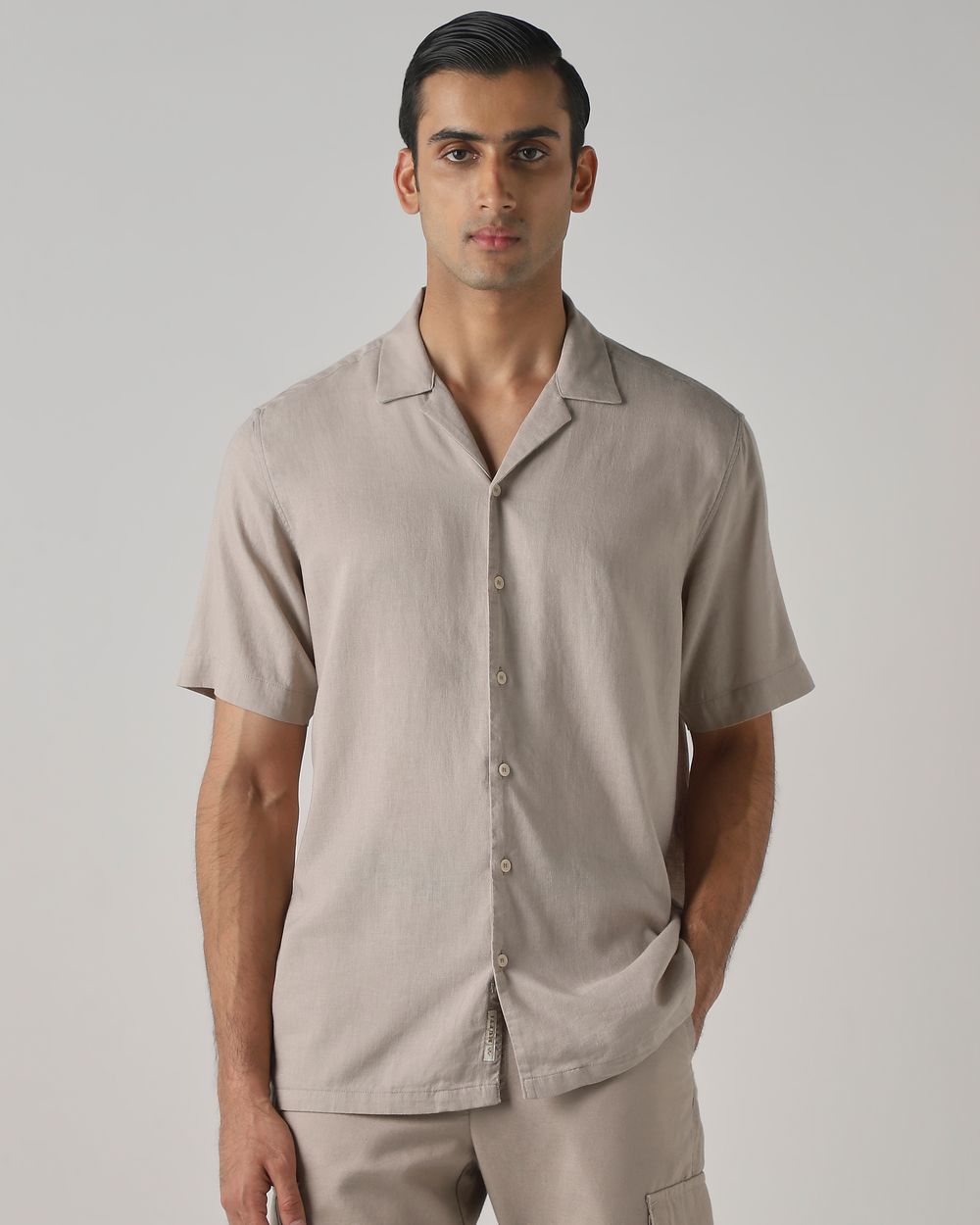 Beige Lyocell Linen Plain Relaxed Fit Casual Shirt
