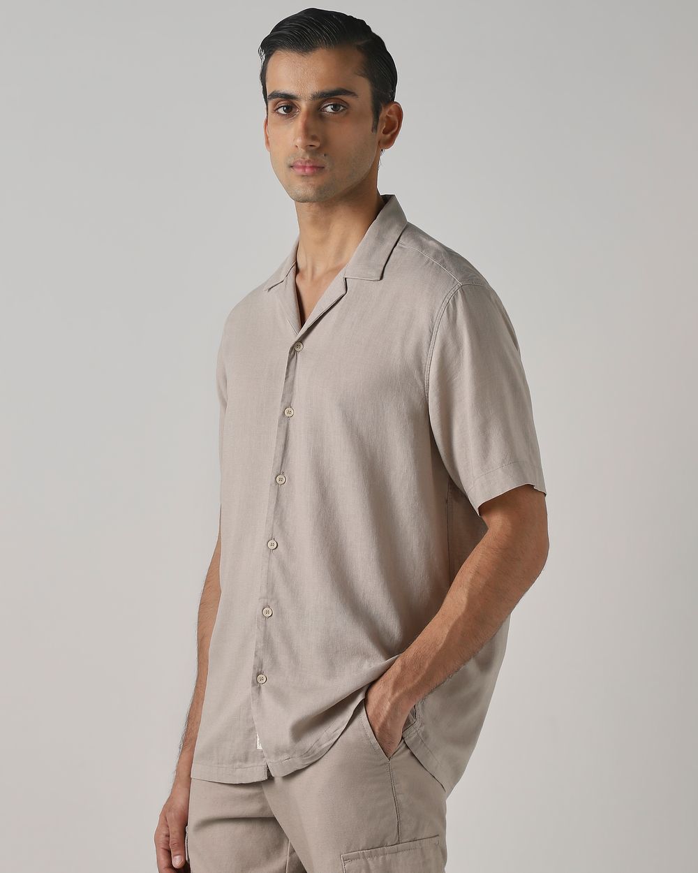 Beige Lyocell Linen Plain Relaxed Fit Casual Shirt