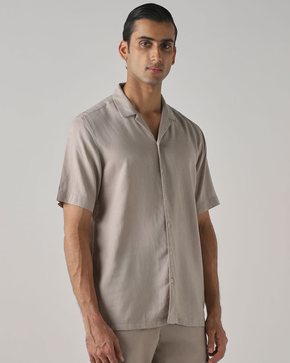 Beige Lyocell Linen Plain Relaxed Fit Casual Shirt