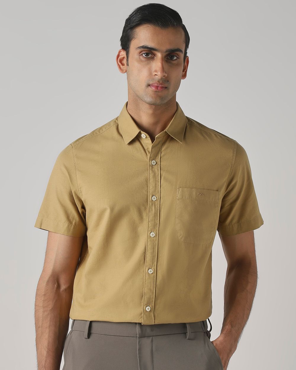 Brown Cotton Linen Plain Slim Fit Casual Shirt