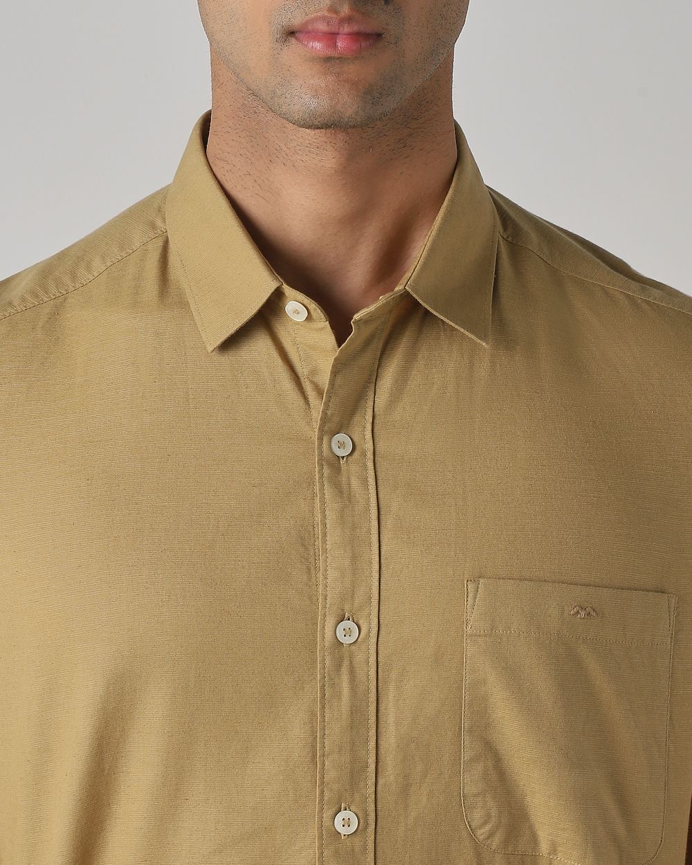 Brown Cotton Linen Plain Slim Fit Casual Shirt