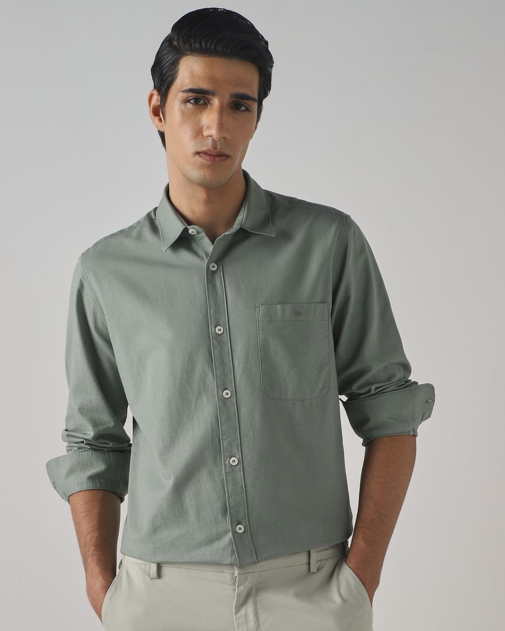 Light Olive Cotton Linen Plain Slim Fit Casual Shirt