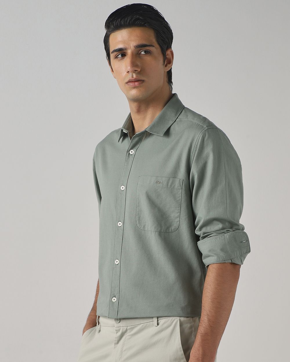 Light Olive Cotton Linen Plain Slim Fit Casual Shirt