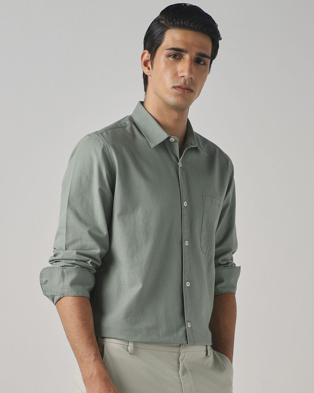 Light Olive Cotton Linen Plain Slim Fit Casual Shirt