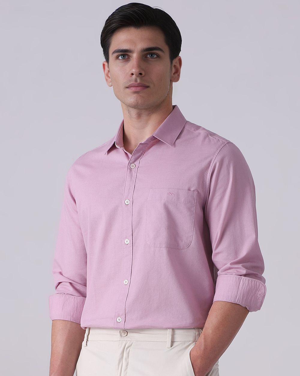 Lilac Cotton Linen Plain Slim Fit Casual Shirt
