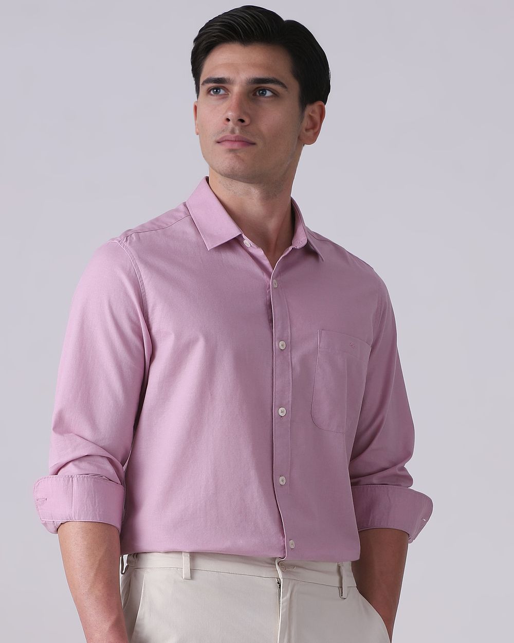 Lilac Cotton Linen Plain Slim Fit Casual Shirt