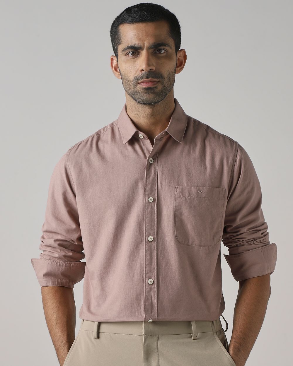 Stone Cotton Linen Plain Slim Fit Casual Shirt