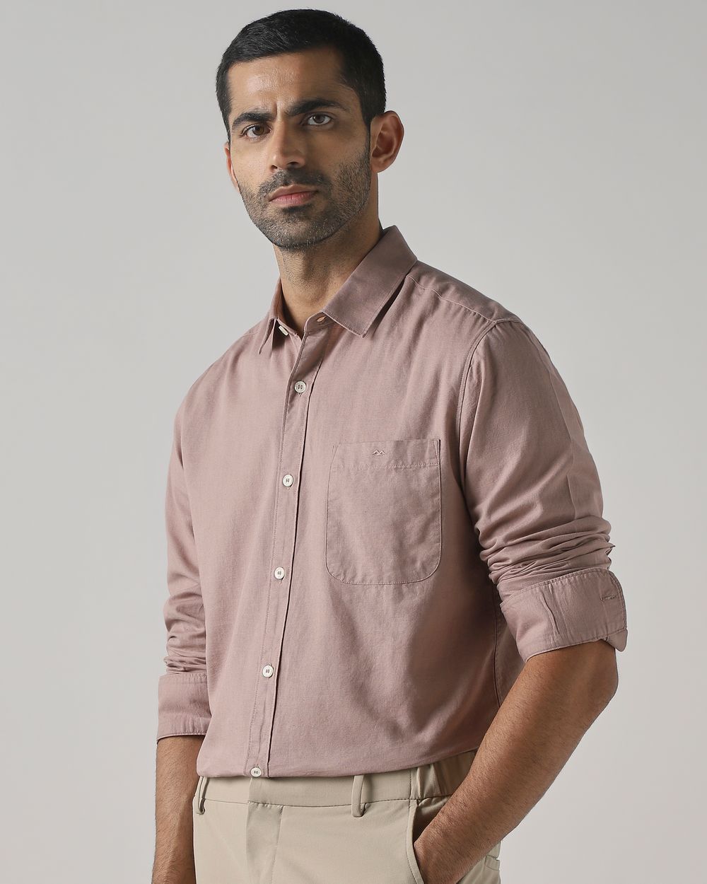 Stone Cotton Linen Plain Slim Fit Casual Shirt