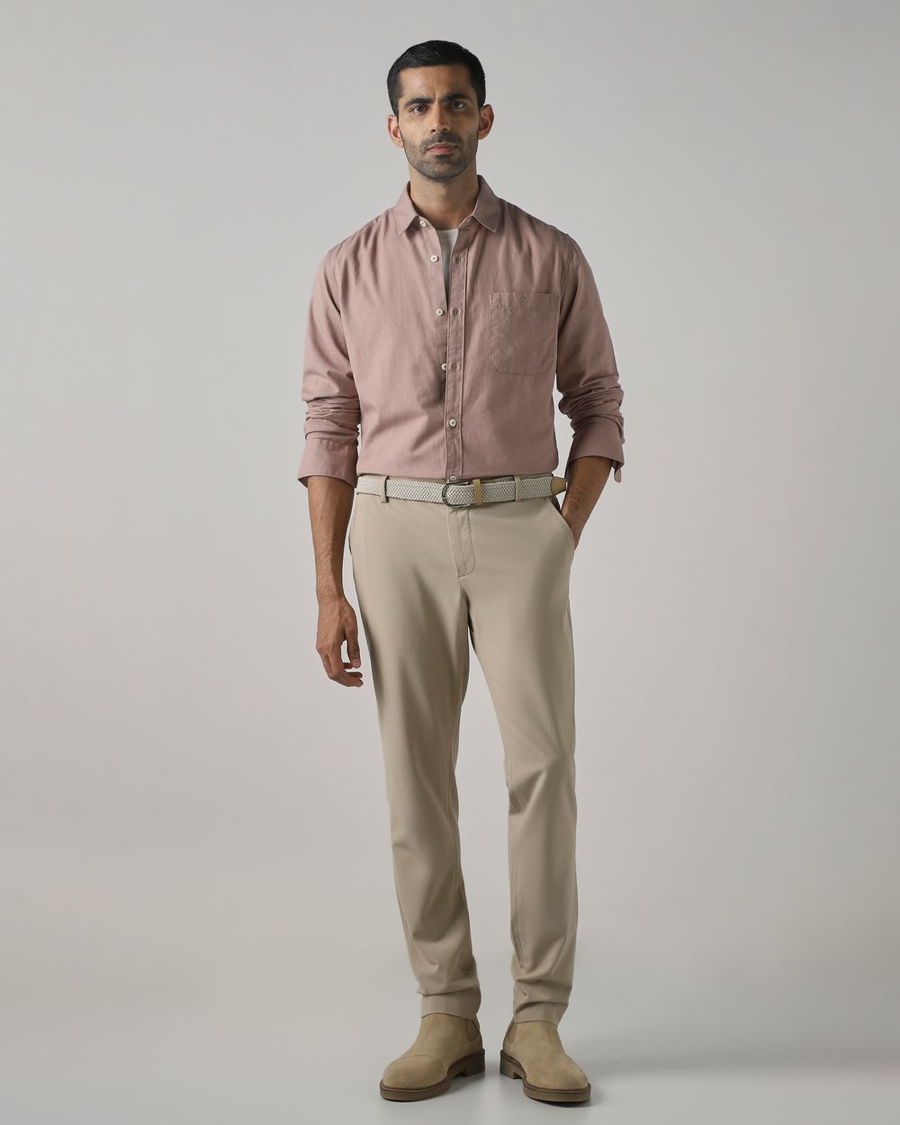 Stone Cotton Linen Plain Slim Fit Casual Shirt