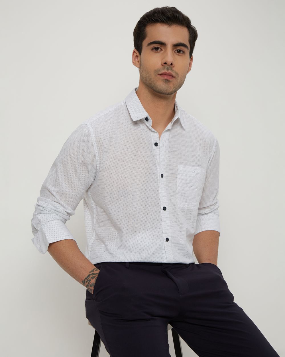 White Micro Print Slim Fit Casual Shirt