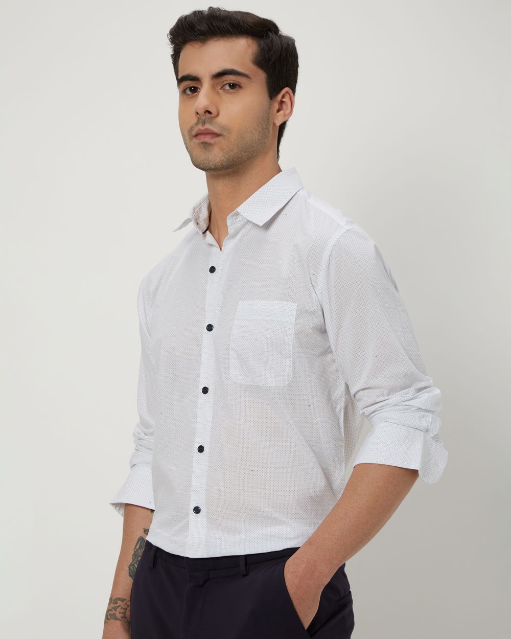 White Micro Print Slim Fit Casual Shirt